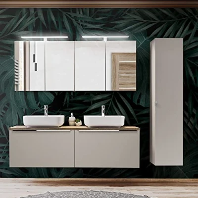 Abbildung von Lomadox Badmöbel Komplett Set in Taupe mit Vintage Eiche, 160cm Doppel Waschtischunterschrank, 2 Keramik Waschbecken, LED Spiegelschränke, Hochschrank