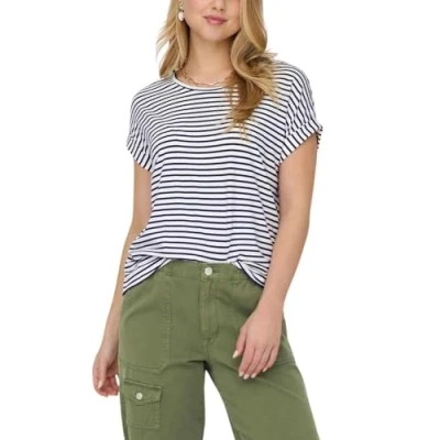 Abbildung von ONLY Onlmoster Stripe O NECK Tshirt print, Damen, Größe: XS, Cloud dancer stripes/naval academy