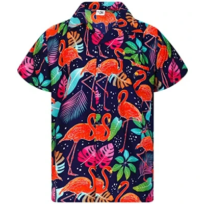Abbildung von King Kameha Funky Hawaii Hemd, Herren, Kurzarm, Flamingos, Navy Blau, XXL