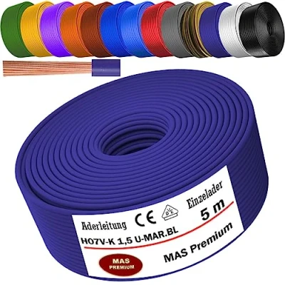 Abbildung von MAS Premium Von 5 bis 100m Aderleitung H07 V K 1x1,5 mm² SW, HBL, GNGE, GN, RT, DBL, BR, OR, GR, WS, VIO, U MAR.BL oder GE Einzelader flexibel (Ultramarinblau, 5m)