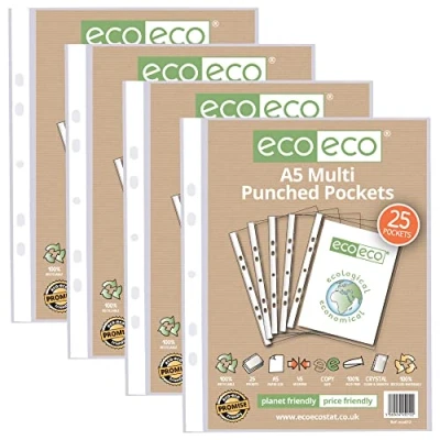 Abbildung von eco Klarsichthüllen, A5, 100% recycelt, mehrfach gelocht, 45 Mikron (100 Hüllen), eco012x4