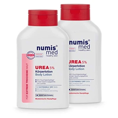 Abbildung von numis med Körperlotion mit 5% Urea Hautberuhigende Bodylotion für extrem trockene, zu Juckreiz neigende Haut vegane Hautpflege ohne Silikone, Parabene &amp; Mineralöl Lotion 6er Pack (6x 300 ml)