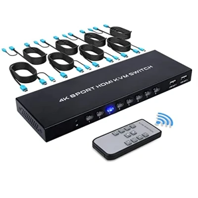 Abbildung von TCNEWCL 4K HDMI KVM Switch 8 Port, Umschalter in 1 out für Computer Aktie Tastatur, Maus, Drucker und HD Monitor, mit Fernbedienung USB+HDMI 2 Kabel