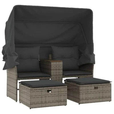 Abbildung von vidaXL Gartensofa 2 Sitzer, Outdoor Sofa mit Sonnendach, Terrassensofa Hockern, Gartenmöbel Sofagarnitur Gartengarnitur, Grau Poly Rattan