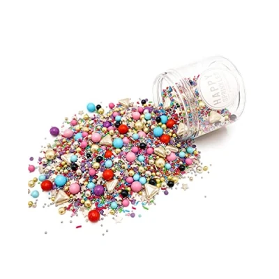 Abbildung von HAPPY SPRINKLES Celebrations 90g Streusel Mix bunt Zuckerstreusel zum Backen und Verzieren von Torten Kuchen Plätzchen Cupcakes Eis mit roten blauen Schoko Perlen &amp; Sterne