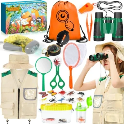 Abbildung von POWZOO Forscherset für Kinder,21 teiliges Entdecker Set mit Forscher Kostüm Kinder,Hut,Fernglas Kinder,Kompass,Becherlupe &amp; Mehr,Naturerkundungen und Abenteuer Geschenk Kinder.