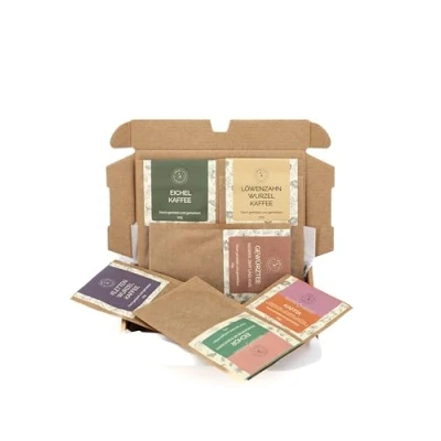 Abbildung von Sechs Kaffeealternativen Set zum Testen von LIEVIE. Koffeinfreie 60g EICHELKAFFEE, LÖWENZAHNWURZELKAFFEE, KLETTENWURZELKAFFEE, GEWÜRZTEE, EICHOR und KAFFIA