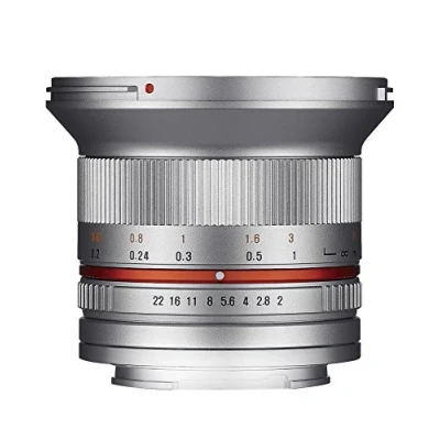 Abbildung von Samyang 12mm F2.0 MFT silber Weitwinkel Festbrennweite für Micro Four Thirds Anschluss, manueller Fokus, APS C Kamera Olympus OM D E M1 III, Pen PL10, M5 Panasonic Lumix DC G91