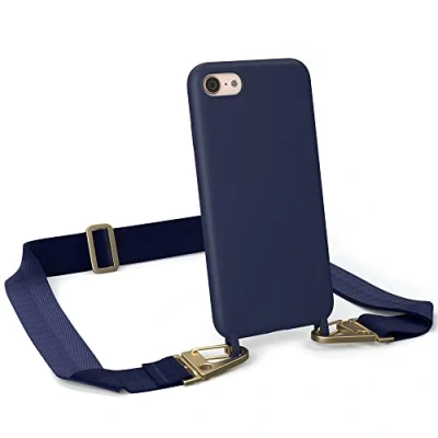 Abbildung von EAZY CASE Handykette Silikon mit Karabiner kompatibel iPhone SE (2022/2020) / 8/7 Handyhülle breitem Umhängeband, Kordel, Kette für Smartphone, Riemen, Nacht Blau Clips Gold