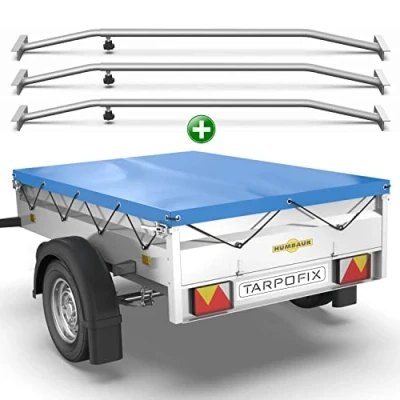 Abbildung von Tarpofix® Anhängerplane 211x116 cm + 3x Planenbügel Anhänger Plane Flachplane aus PVC PLANENMATERIAL Verstärkte Humbaur für 750kg PKW Hänger Abdeckplane Flachplanenbügel Blau
