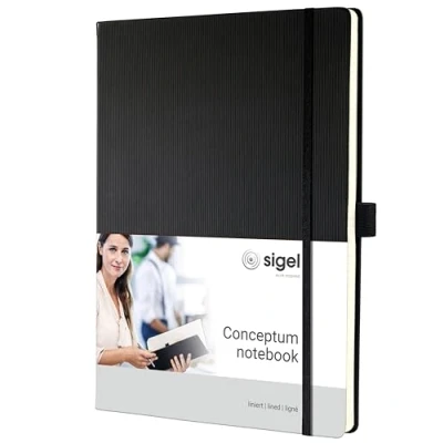 Abbildung von SIGEL CO116 Premium Notizbuch liniert, A4+, Hardcover, 194 nummerierte Seiten, schwarz, nachhaltiges Papier, mit Inhaltsverzeichnis, Stiftschlaufe, Falttasche, Gummibandverschluss, Conceptum