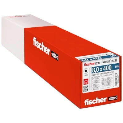 Abbildung von fischer PowerFast II WTP 8,0 x 400, kraftvolle Holzbauschraube mit Tellerkopf, Innenstern Aufnahme und Teilgewinde, für den konstruktiven Holzbau, 50 Stk.