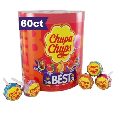 Abbildung von Chupa Chups Candy Lutscher, 5 verschiedene Geschmacksrichtungen, Trommel Display für Partys, Bürokonzessionen, 60 Stück