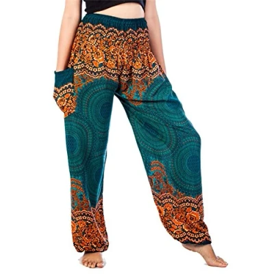 Abbildung von Lofbaz Haremshose Damen Boho Yogahose Pumphose Hippie Hose Kleidung Festival Outfit Sommerhose Leicht Sommer Hosen Rose 1 Teal Grün M