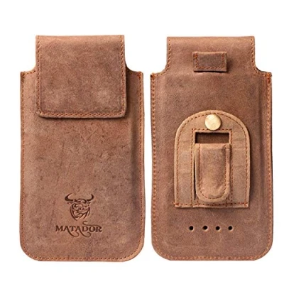 Abbildung von MATADOR Hochkant Gürteltasche Handytasche Ledertasche Magnetverschluss Gürtelclip/Schlaufe kompatibel mit Apple iPhone XS MAX/11/12/13/14 Pro MAX/14 Plus /15 MAX (Tabacco Braun)