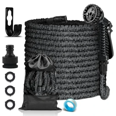 Abbildung von FASCINATDECO Flexibler Gartenschlauch 15m mit 7 Funktionen Sprühfunktionen, Wasserschlauch flexibel 3 Fach Latexkern inkl. Adapter für 1/2&#039; 3/4&#039; Zoll und Wandhalterung, dehnbarer flexiSchlauch