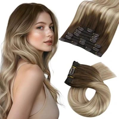 Abbildung von Moresoo Clip Extensions Echthaar Balayage Haarextension in Remy Doppelt Tressen Braun bis Hellbraun mit Goldblond #3/8/22 7pcs 120g 40cm