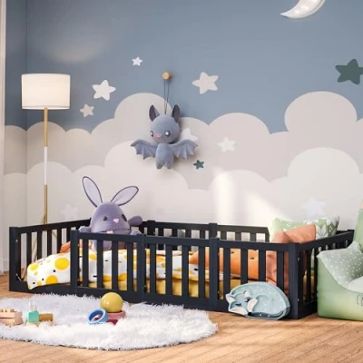 Abbildung von Bellabino Kinderbett Tapi (Bodenbett mit Rausfallschutz und Lattenrost, weitere Größen 70x140, 80x160, 120x200, 140x200 cm), grau Kiefer 90x200 ohne Tür