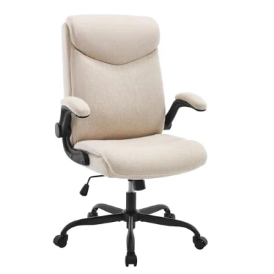 Abbildung von eSituro Bürostuhl ergonomisch, Schreibtischstuhl, Chefsessel 150 kg, Drehstuhl mit Rollen, hochklappbare Armlehnen, Sitzfläche aus Stoff, Beige
