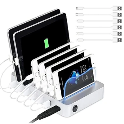 Abbildung von PRITEK USB Ladestation für mehrere Geräte 50W/10A 6 Ports Organizer mit kurzen Kabeln Mobiltelefon Tablet Kopfhörer MP4 und andere fähige (Silber)