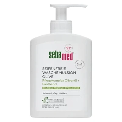 Abbildung von Sebamed seifenfreie Waschemulsion Olive 200 ml mit Spender, Pflegekomplex Olivenöl und Panthenol, für sensible, anspruchsvolle Haut, zur Hand , Gesichts Körperreinigung geeignet