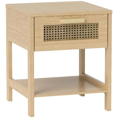 Abbildung von HOMCOM Nachttisch Nachtschrank Beistelltisch natürlicher Nachtkommode mit Schublade offenen Ablage Rattan Design Natur 40 x 48,4 cm