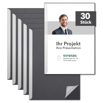 Abbildung von STRATAG Klemmmappen Klemmschienen Set mit transparentem Deckel aus PP Kunststoff sowie Binderücken stabilem 320 g/m² Karton (Graphitgrau, 30 Stück)