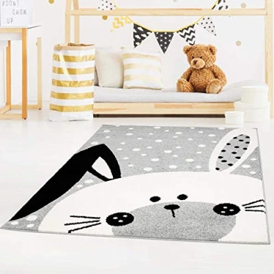 Abbildung von carpet city Kinderteppich Bubble Kids Flachflor Schlappohr Hase, weiß gepunktet in Grau für Kinderzimmer; Größe: 140x200 cm