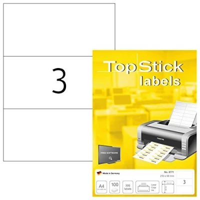 Abbildung von TopStick 8771 Universal Etiketten, 100 Blatt, 210 x 99 mm, 3 pro A4 Bogen, 300 Stück, selbstklebend, bedruckbar, matt, blanko Papier Klebeetiketten Aufkleber, weiß