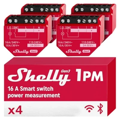 Abbildung von Shelly 1PM Gen3 4 Pack WLAN Relais Schalter mit Strommessung 16A Lichtsteuerung Alexa Google Home, Matter Kompatibel iOS Android App Kein Hub erforderlich