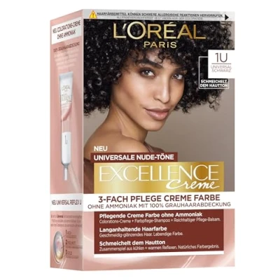 Abbildung von L&#039;Oréal Paris Permanente Haarfarbe für jeden Hautton, Coloration ohne Ammoniak, Universale Nude Töne mit vollständiger Grauhaarabdeckung, Excellence Creme, Nr. 1U Schwarz, 1 Stück