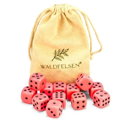 Abbildung von 6, 12, 20, 30 oder 50 hochqualitative Würfel von Waldfelsen® Standardgröße 16 mm Acrylwürfel Knobel Spielwürfel Dice 6 seitig sechsseitig Spielzubehör Set mit Stoffbeutel (Rosa, 12 Stück)