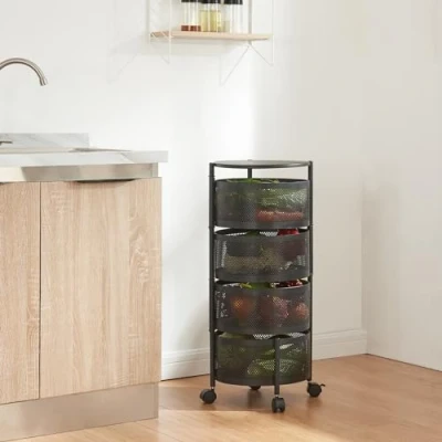 Abbildung von [en.casa] Rollwagen Steigen mit 4 Ebenen mehrlagiges Küchenregal Rädern Servierwagen aus Stahl ausklappbare Körbe Regal für Küche, Bad 74,5 x Ø33 cm Schwarz