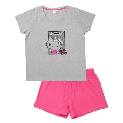 Abbildung von United Labels Hello Kitty Schlafanzug für Damen Pyjama Set Kurzarm Oberteil mit Shorts Grau/Pink (DE/NL/SE/PL, Alphanumerisch, L, Regular, Grau/Pink)