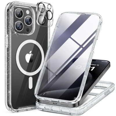 Abbildung von Miracase 360 Grad für iPhone 15 Pro Max Hülle mit Magsafe, Eingebaut Glas Schutzfolie, Komplettschutz HandyHülle Magnetisch Stoßfest Case Schutzhüllen 6,7 Zoll, Klar Glitzer