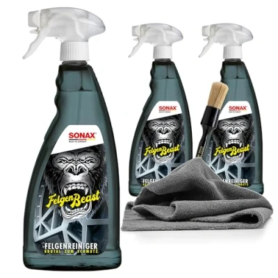 Abbildung von detailmate Felgen Reiniger Set 3X SONAX FelgenBeast Felgenreinger 1L + Allrounder Mikrofasertuch 40x40cm, 380 GSM Nuke Guys Reinigungspinsel