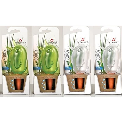 Abbildung von Scheurich Wasserspender Bördy S 4er Set Grün/Transparent 90 ml Füllmenge Bewässerungskugel klein mit Ton Fuß Pflanzen und Blumen Terrakotta Stiel