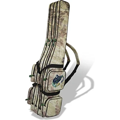 Abbildung von Rutentasche Rod Case Angelkoffer Futteral mit 2, 3 oder 4 Ruten Fächern, Verschiedene Längen wählbar stark wasserabweisender Fishing Rucksack Farbe Wald Camo Innenfächer Größe 150 cm