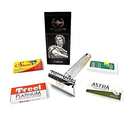 Abbildung von Roman Empire Shaving® Rasierhobel Caesar Eleganter Safety Razor für Damen &amp; Herren Nassrasierer Set inkl. 20 Rasierklingen von Astra, Derby, Shark, Treet Rasier