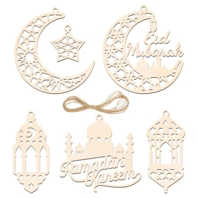 Abbildung von BOOMTOP 12 Stück Ramadan Deko Holz Anhänger Eid Mubarak Dekoration Zuckerfest zum Basteln Aufhängen Mond Sterne al Fitr Muslimischen Islam Holzdeko Naturbraun