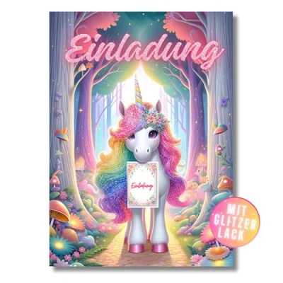 Abbildung von HIDEBLOOM I Glitzer Einhorn Einladungskarten Kindergeburtstag Mädchen 12 Stück DIN A6 Einladung Geburtstag mit Glitzerlack Kinderparty Geburtstagseinladungen Glitzerkarte