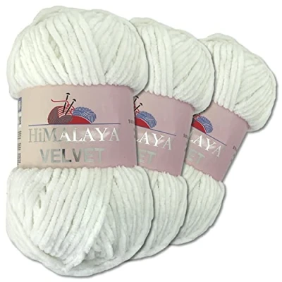 Abbildung von Wohnkult Himalaya 3 x 100 g Velvet Dolphin Wolle 40 Farben zur Auswahl Chenille Strickgarn Flauschwolle Glanz Accessoire Kleidung Decken (90063 Weiß)