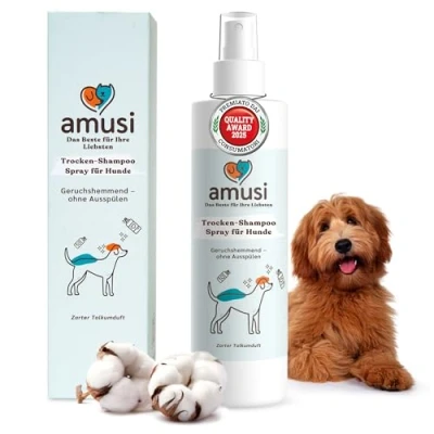 Abbildung von amusi Spray für Hunde 250 ml Made in Italy Hundeshampoo gegen Juckreiz im ohne Ausspülen, hypoallergen, pflegt und beruhigt das Fell Ihres Hundes, pH neutral, vegan Flohshampoo