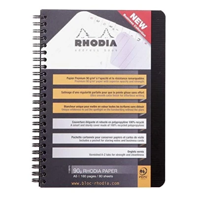 Abbildung von Rhodia 119970C Addressbuch (mit Doppelspiralbindung, DIN A5, 14,8 x 21 cm, Register bedruckt, 90 g, 80 Blatt) 1 Stück schwarz