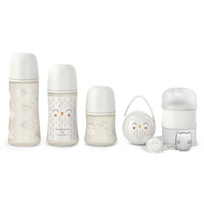Abbildung von Suavinex, Babyflaschen Set, für Neugeborene. 3 x Anti Colic + Schnuller 0/6 Monate mit SX Pro physiologischer Sauger Milchpulver Portionierer Duo Schnullerbox Schnullerkette. Grau