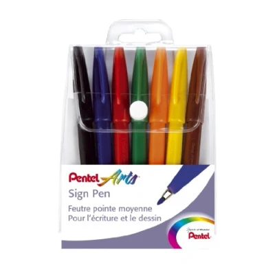 Abbildung von Pentel Sign Pen S527 Etui mit 7 Filzstiften fein Acrylfarbe Farben
