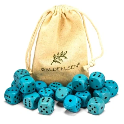 Abbildung von Waldfelsen 6, 12, 20, 30 oder 50 hochqualitative Holzwürfel aus echtem Buchenholz Augenwürfel Spielwürfel Holz in 16 mm Standardwürfel mit Stoffbeutel Würfelset (Himmelblau, 20 Stück)