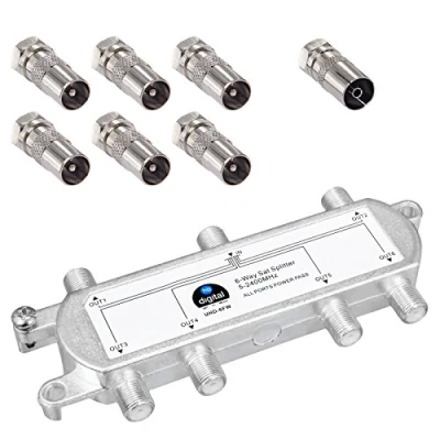 Abbildung von HB digital Sat BK UKW Verteiler 6 Fach Splitter (6 Wege) 5 2400 MHz + &amp; analog tauglich voll geschirmt DVB S S2 FM Kabelfernsehen C inkl. Kabel IEC Adapter