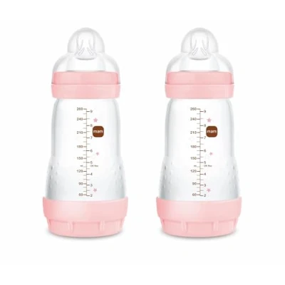 Abbildung von MAM Packung mit 2 Anti Kolik Flaschen, 4 Monate, 260 ml, Sauger, mittleren Durchfluss aus Silikon, leicht anzunehmen, selbststerilisierend und zu reinigen, Easy Start Colic,