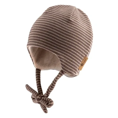 Abbildung von Sterntaler Beanie gestreift aus Microfleece Baby und Kinder Mütze mit angeschnittenen Ohrenklappen Bindeband gefüttert Baumwollfleece dunkelgrau, 47